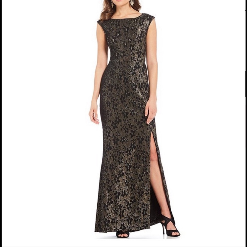 NWOT Adrianna Papell Long Black & Gold Jacquard Dress / SZ 4